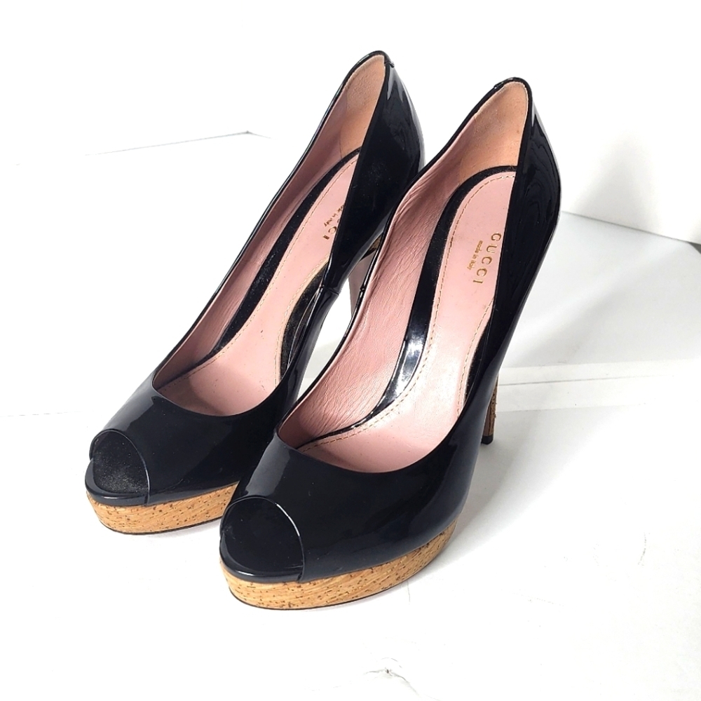 Gucci Women's Black Patent Leather Cork Platform Peep Toe Pumps Size 41.5